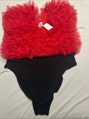 Pinkish/Red Ruffle One-Piece bodysuit with Black Bottom